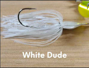 Buy white-dude-white-w-hologram-silver-flake-body-white-skirt-w-silver-blades PRECISION TACKLE CO. B DOG DOUBLE BUZZ